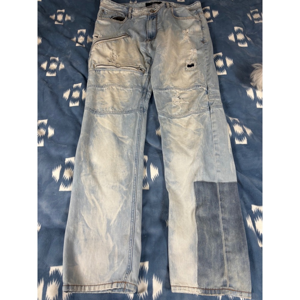 AKOO Delinquent No Rivals Distressed Moto Jeans Light Wash Blue Mens 38